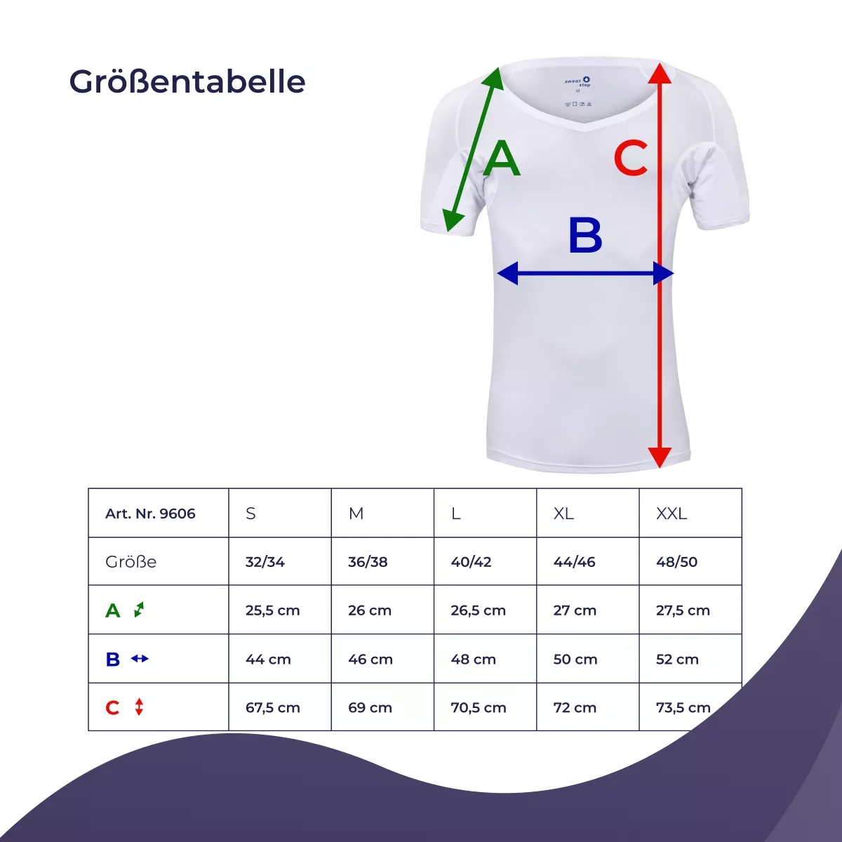 Bild der Grössentabelle für das weisse Damen-Anti-Schweiss-Unterhemd von SweatStop mit Messhilfe A Ärmellänge, B Brustbreite und C Länge sowie Tabelle für die Grössen S bis XXL